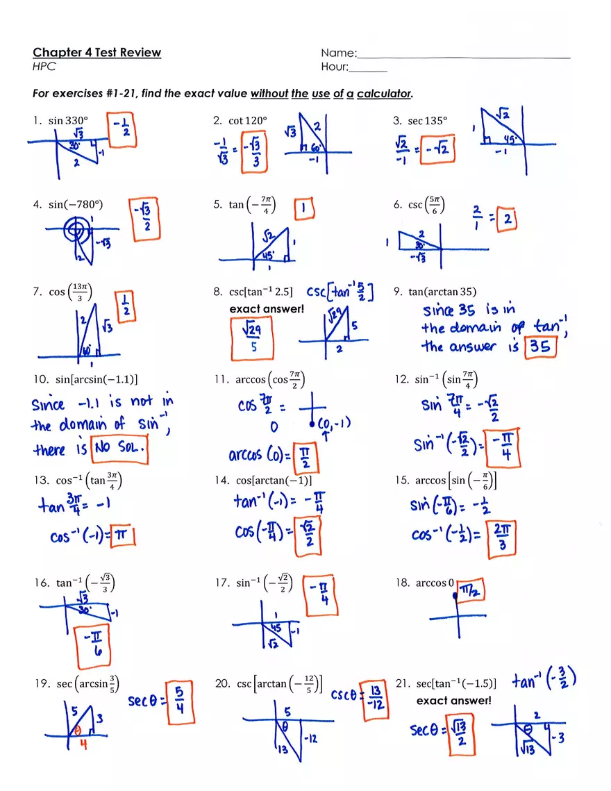 Math Chapter 4 Test Review Answer Key - Page 1