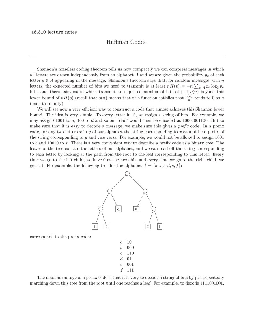 18.310 Lecture Notes: Huffman Codes - Page 1