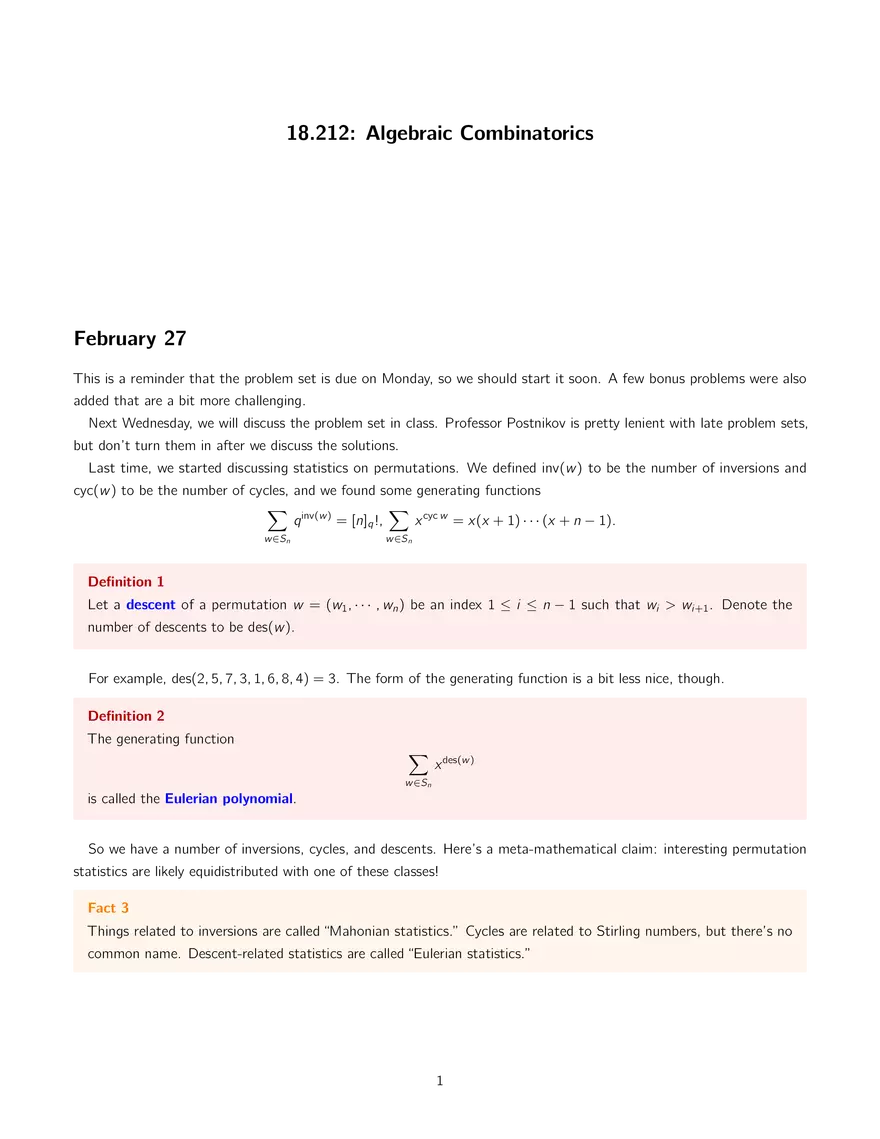 18.212 Algebraic Combinatorics, Lecture 10: Statistics on Permutations and More - Page 1