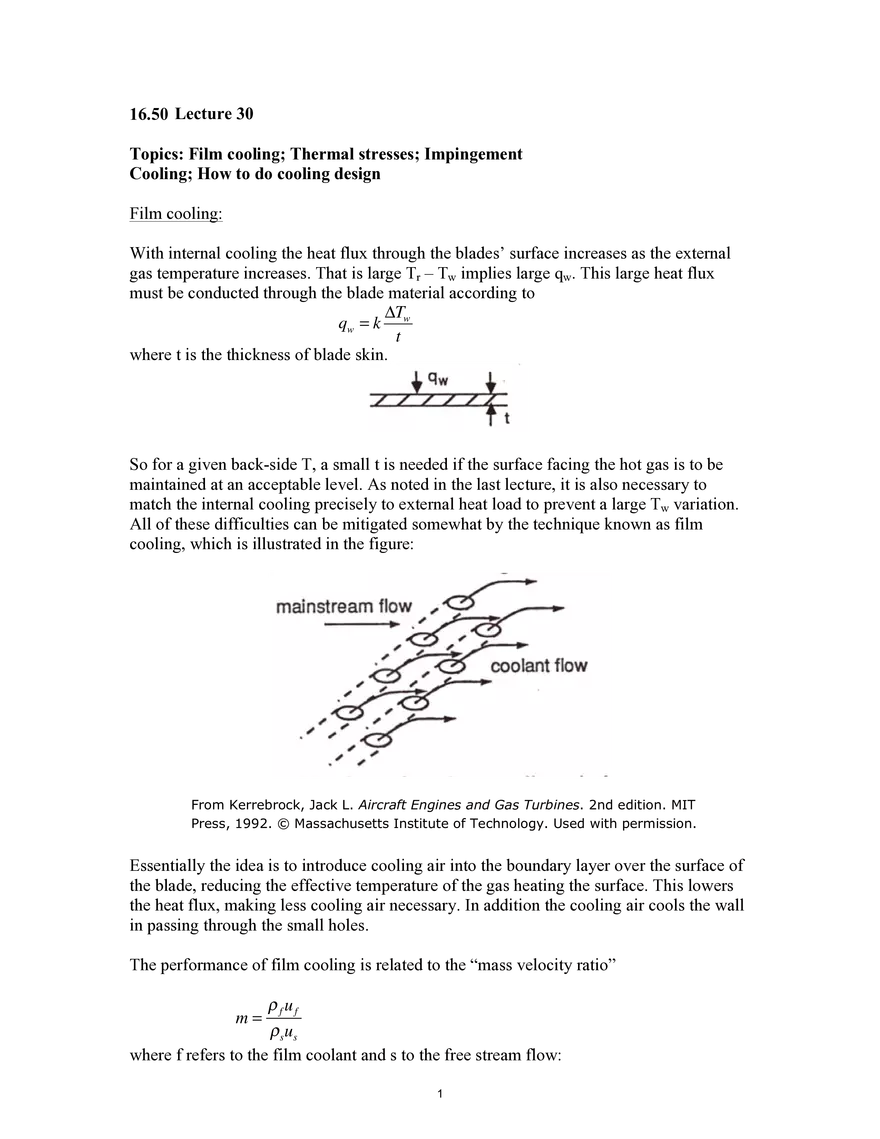 16.50 Lecture 30: Film Cooling; Thermal Stresses; Impingement Cooling; How to Do Cooling Design - Page 1