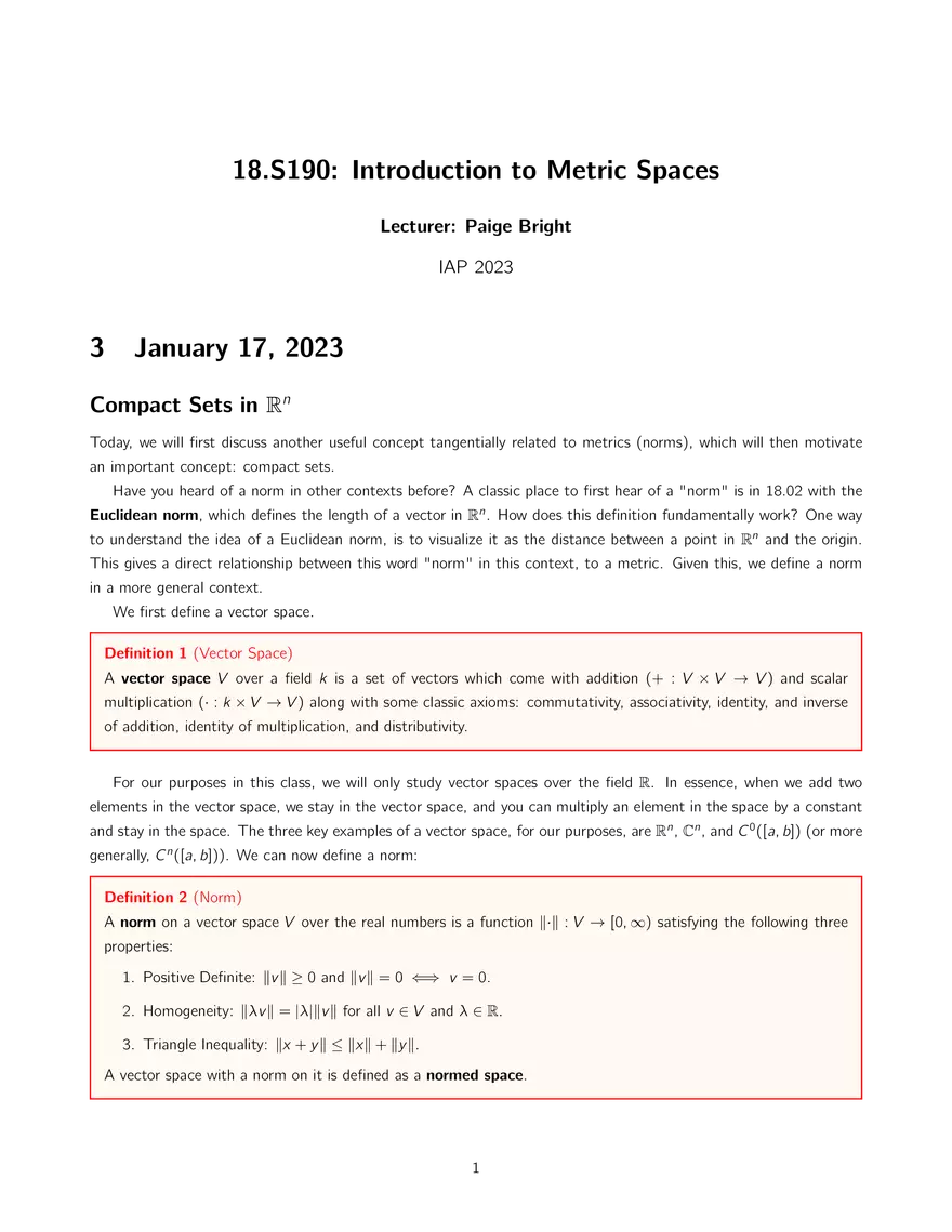 Lecture 3: Compact Sets in Rⁿ - Page 1