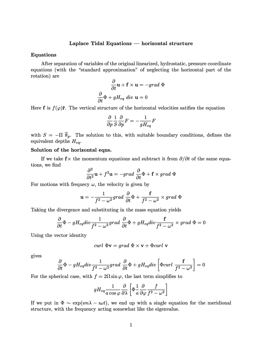 Laplace Tidal Equations - Horizontal Structure - Page 1