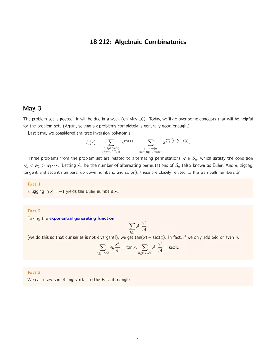 18.212 Algebraic Combinatorics, Lecture 34: Pascal Triangle and More - Page 1