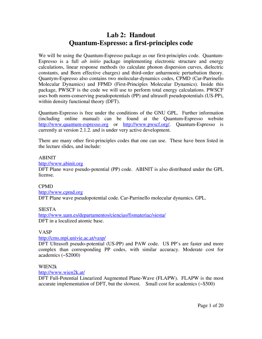 Lab 2: Quantum-Espresso - a First-Principles Code - Page 1