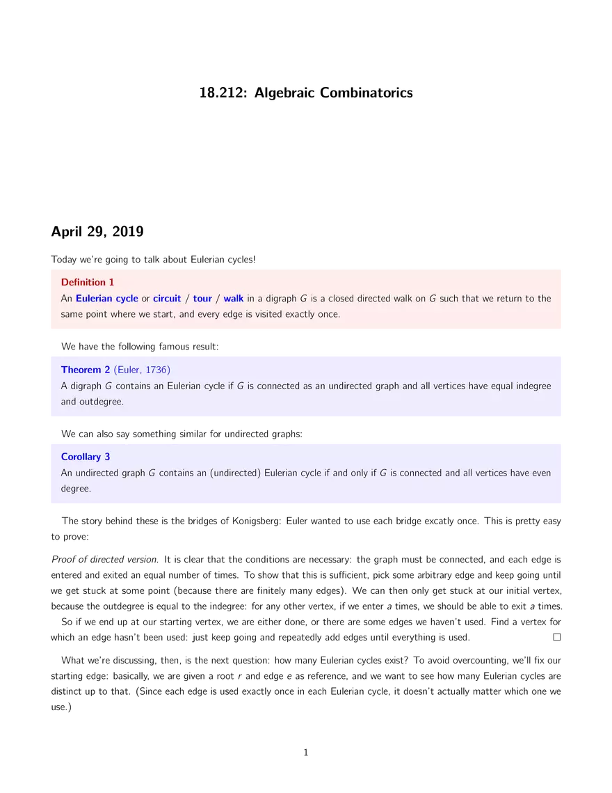 18.212 Algebraic Combinatorics, Lecture 32: Eulerian Cycles in Digraphs and B.E.S.T. Theorem - Page 1