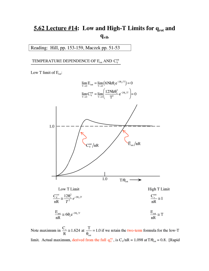 5.62 Lecture #14: Low and High-T Limits for qrot and qvib - Page 1