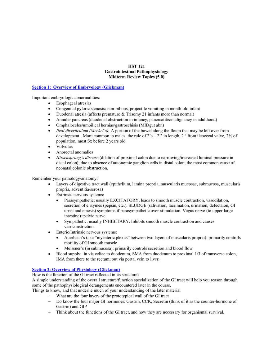 HST 121 Gastrointestinal Pathophysiology, Midterm Review Topics (5.0) - Page 1