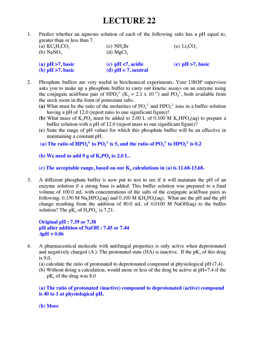 Solutions for Lecture 22: Acid-Base Equilibrium: Salt Solutions and Buffers - Page 1