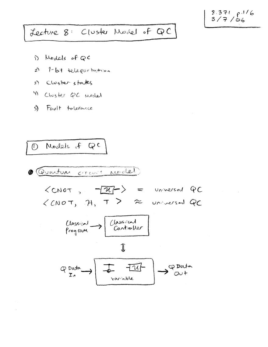 Lecture 8: Cluster Model of QC - Page 1