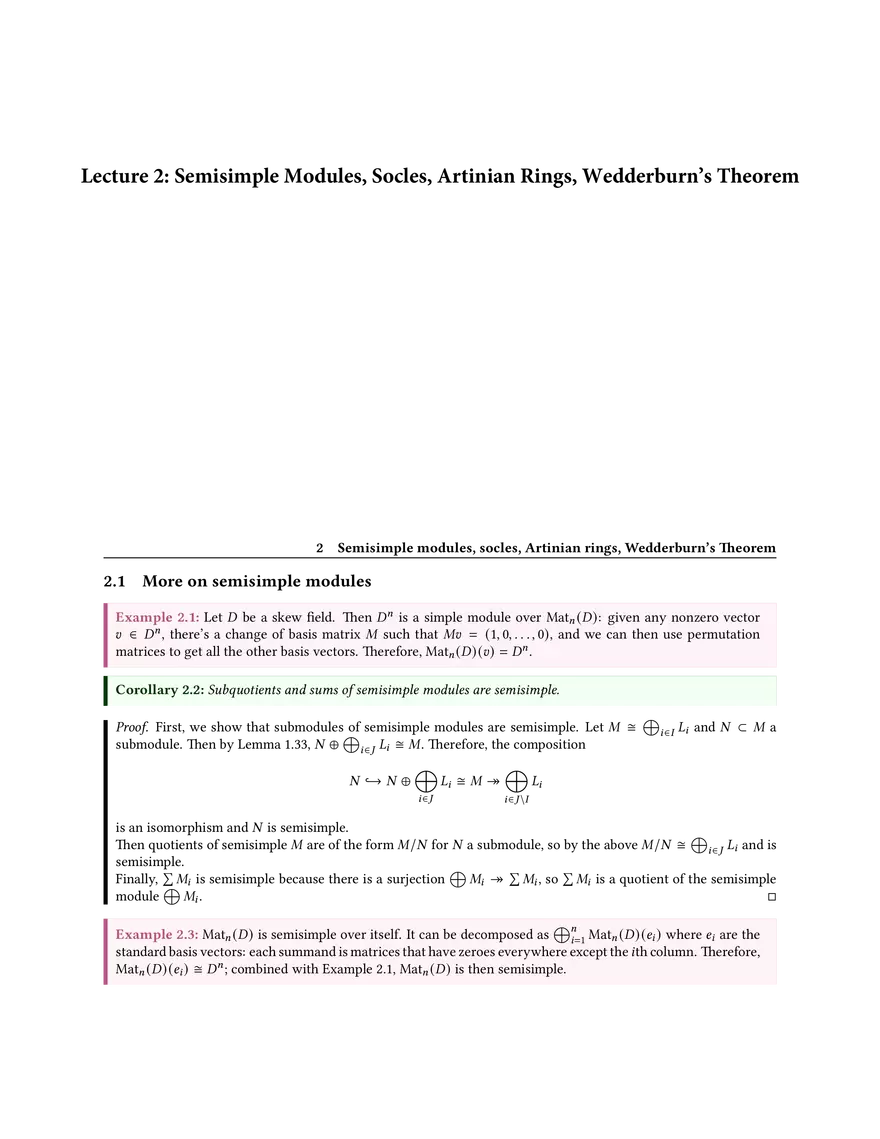 Lecture 2: Semisimple Modules, Socles, Artinian Rings, Wedderburn’s Theorem - Page 1
