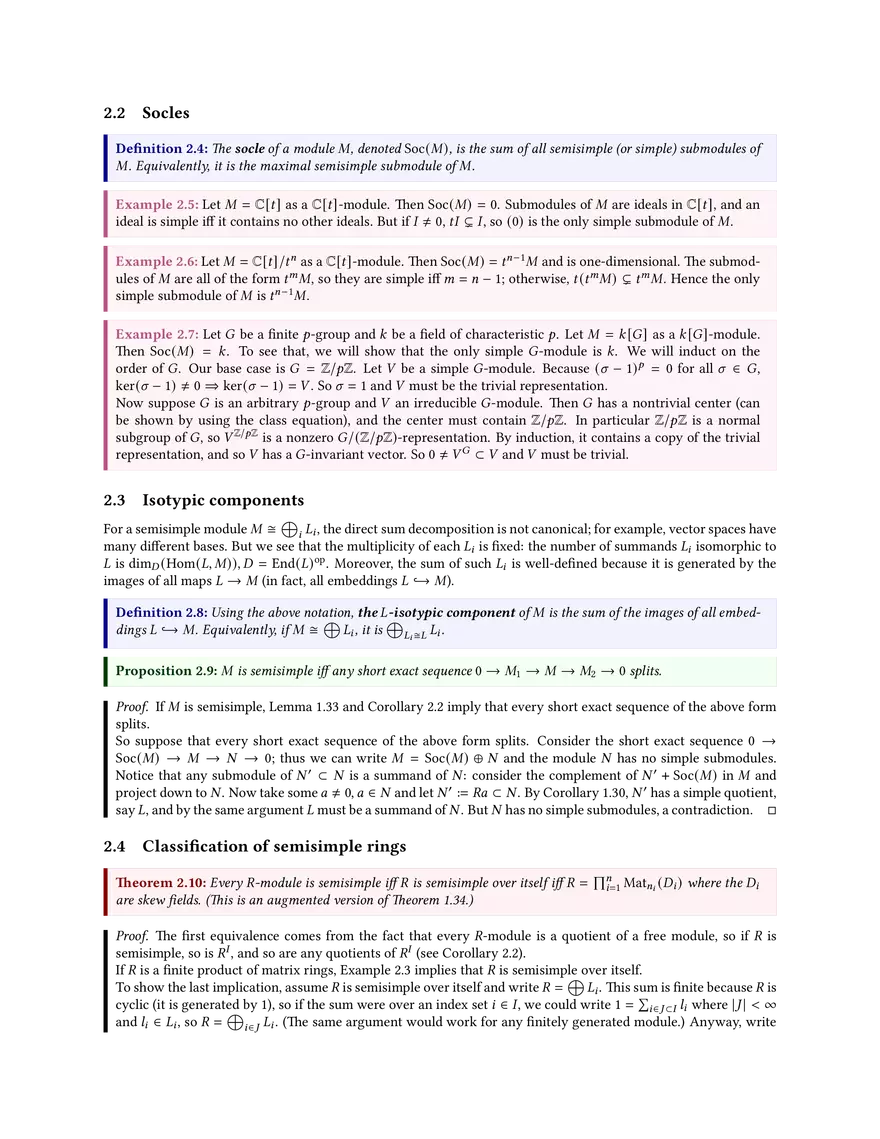 Lecture 2: Semisimple Modules, Socles, Artinian Rings, Wedderburn’s Theorem - Page 2