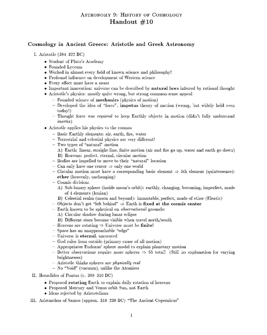 Cosmology in Ancient Greece: Aristotle and Greek Astronomy - Page 1