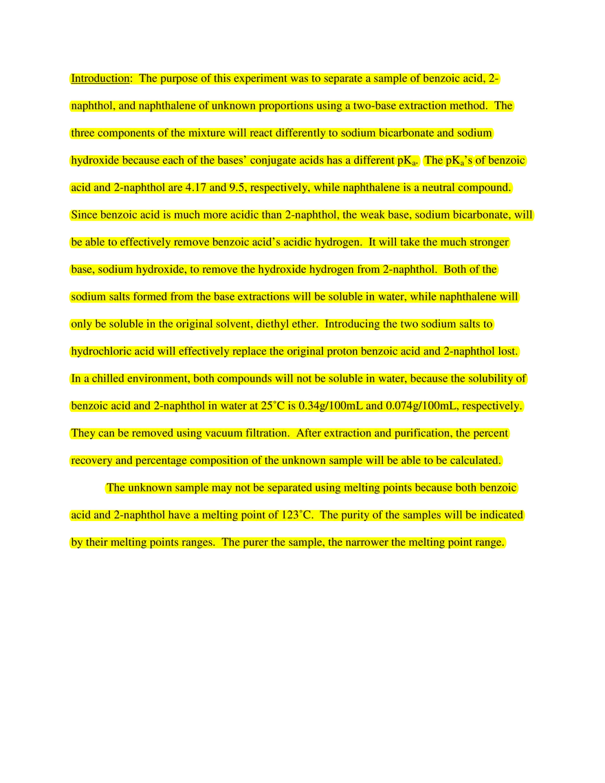 Two-Base Extraction of Benzoic Acid, 2-Naphthol, and Naphthalene from Unknown Sample # 131 - Page 2