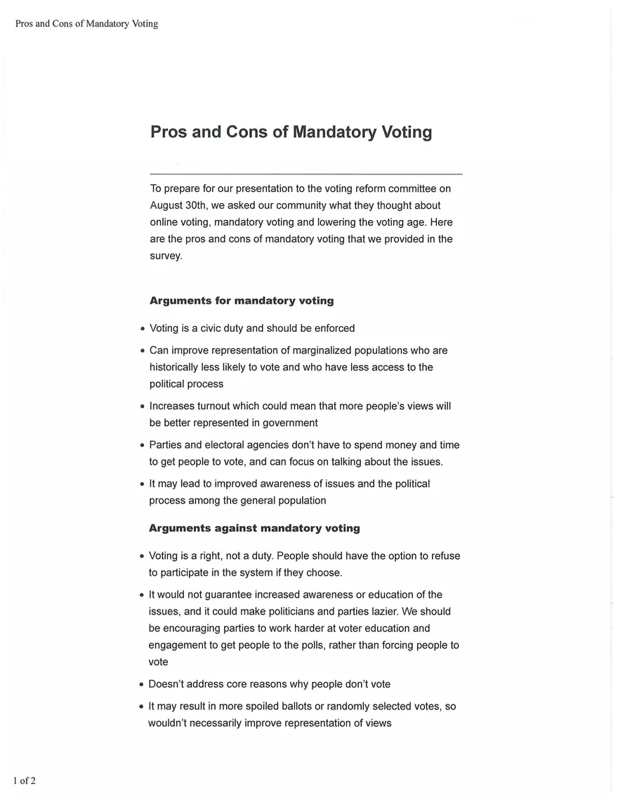Pros and Cons of Mandatory Voting - Page 1