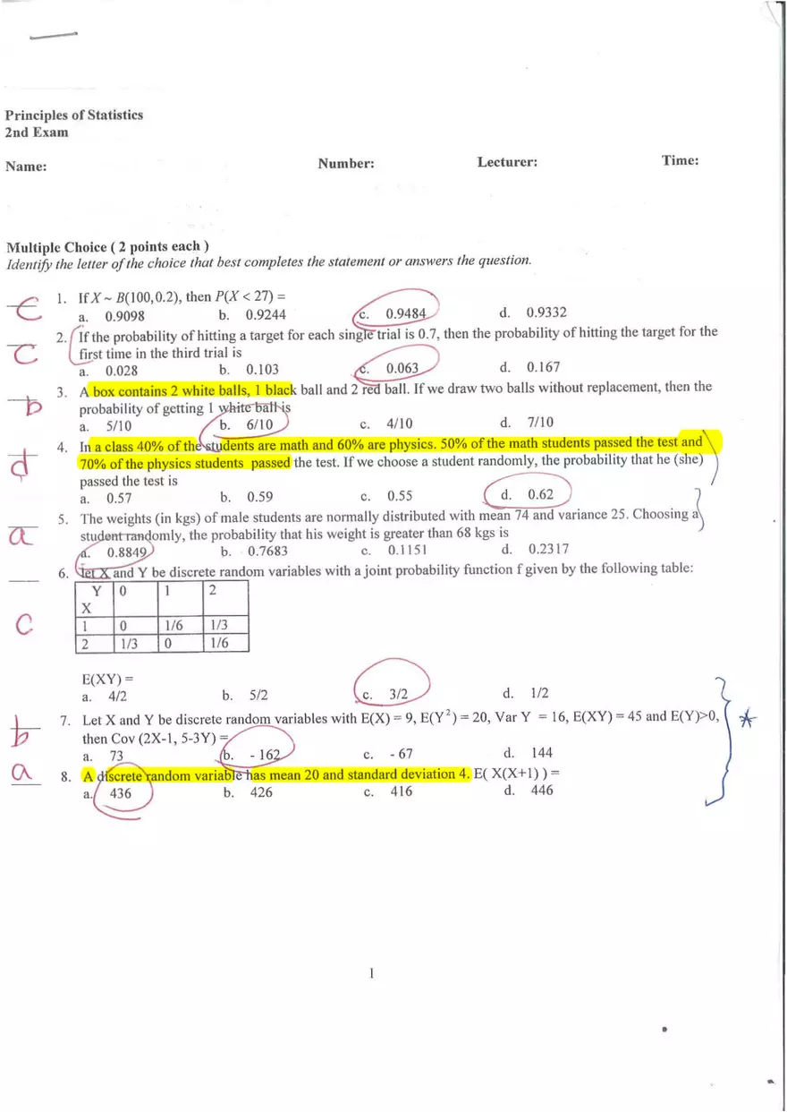 Statistics 2nd Exam 2019 - Page 1