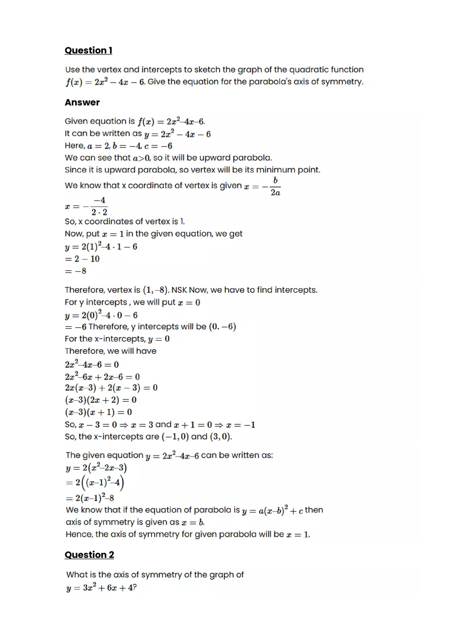 Quadratic function and equation #1 - Questions and Answers - Page 1