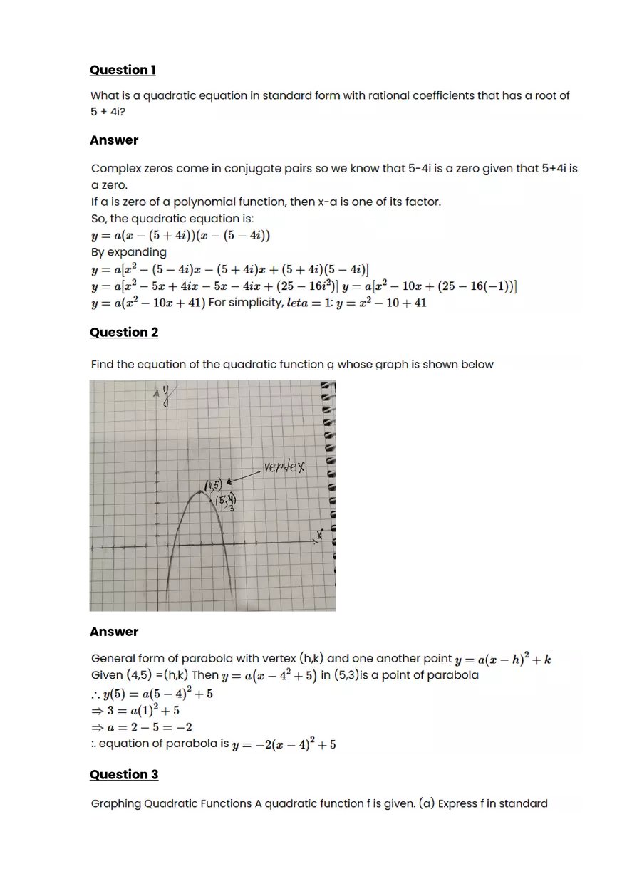 Quadratic function and equation #5 - Questions and Answers - Page 1