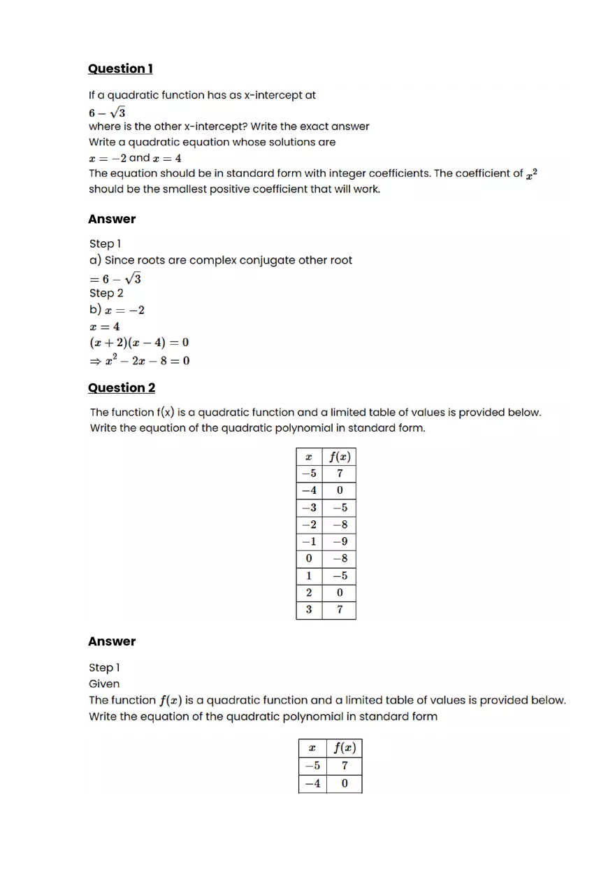 Quadratic function and equation #7 - Questions and Answers - Page 1