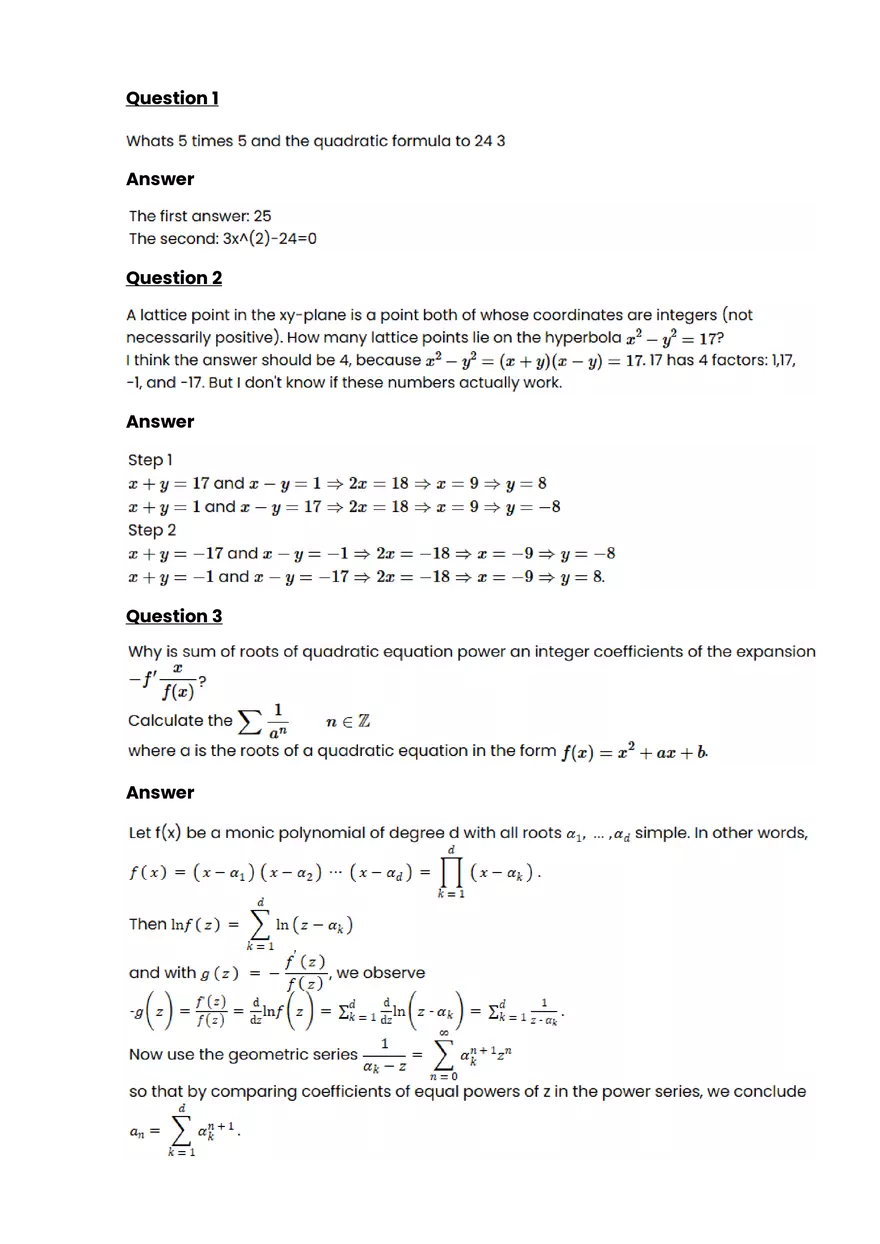 Quadratic function and equation #15 - Questions and Answers - Page 1
