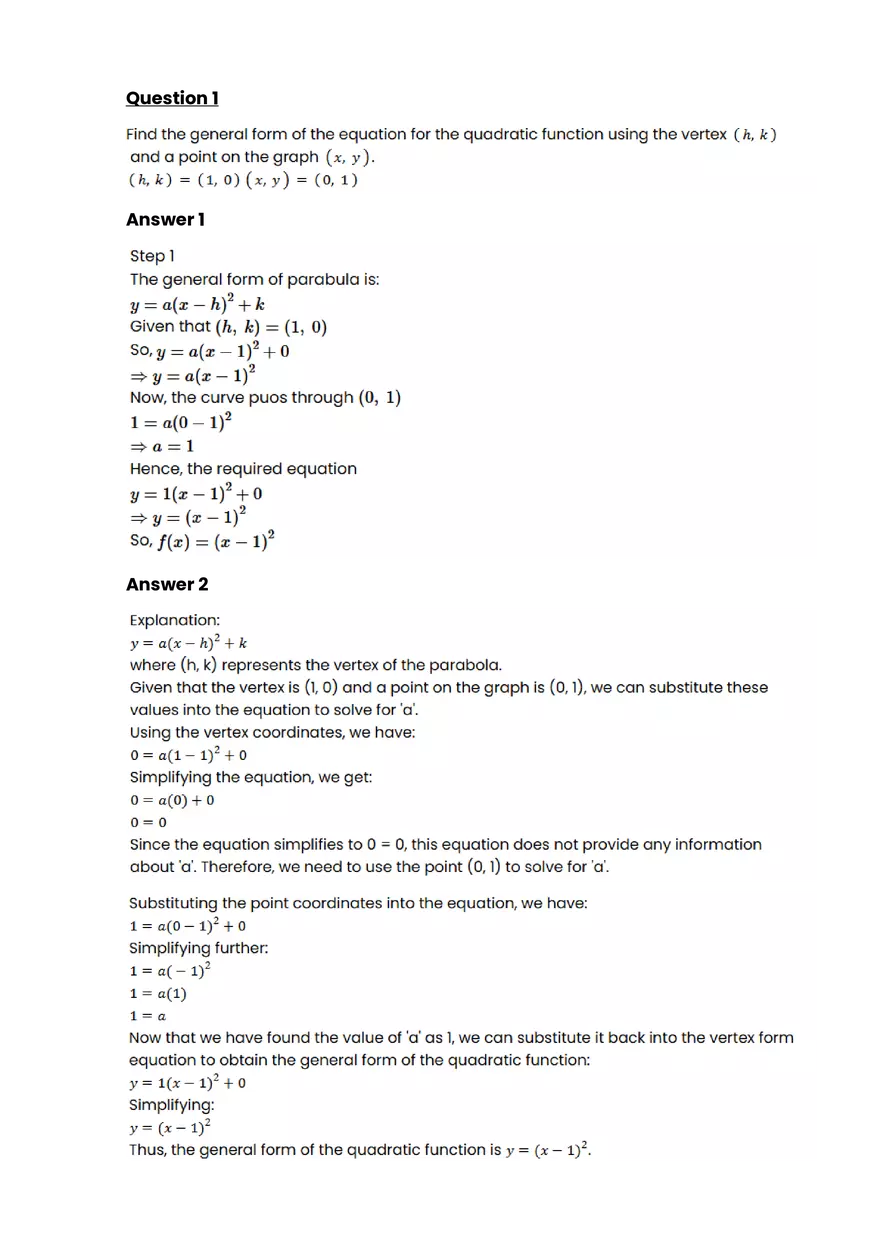 Quadratic function and equation #8 - Questions and Answers - Page 1