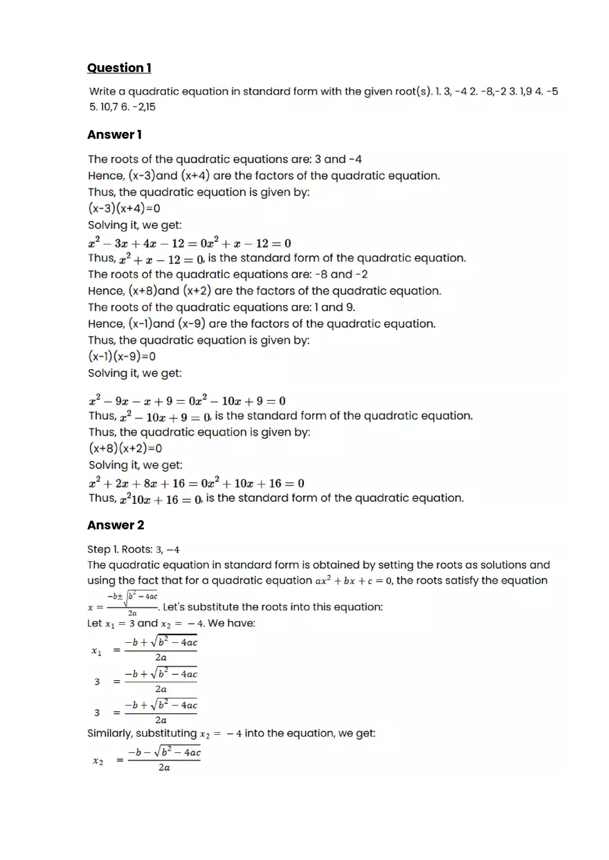 Quadratic function and equation #2 - Questions and Answers - Page 1