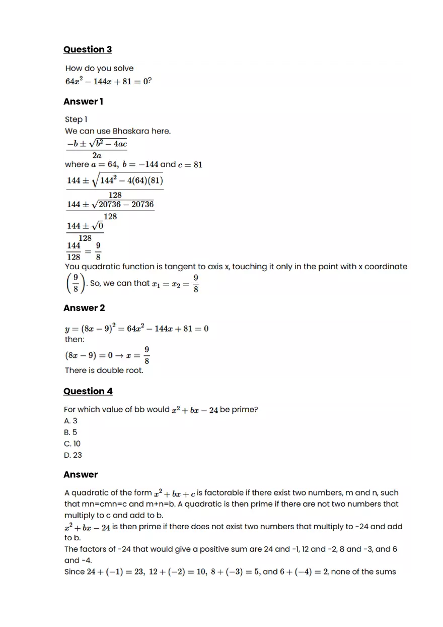 Quadratic function and equation #2 - Questions and Answers - Page 5