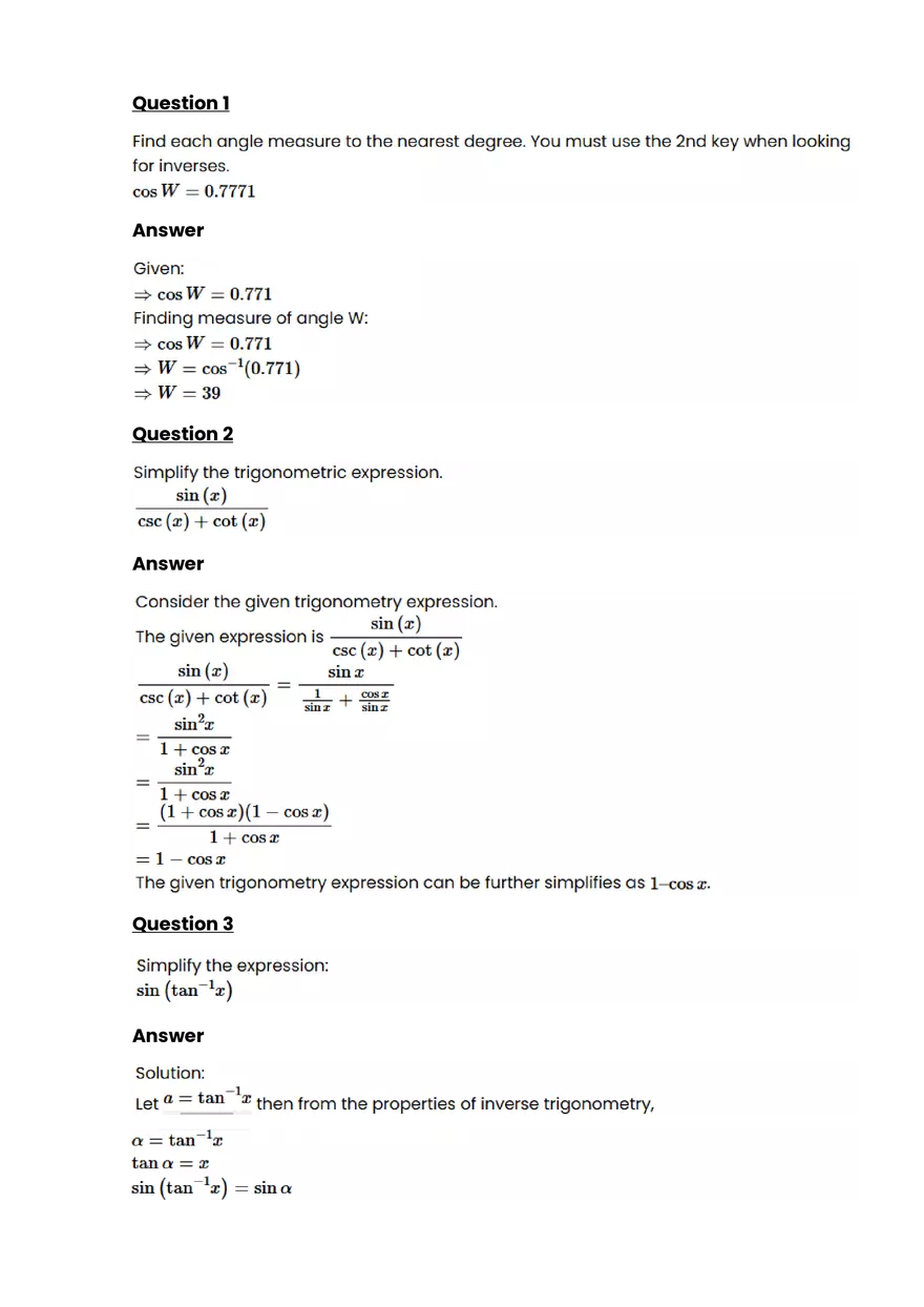Trigonometry #2 - Questions and Answers - Page 1