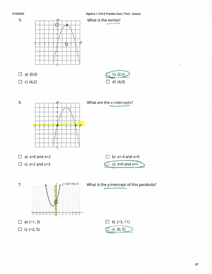 Algebra Practice Quiz Answers - Page 7
