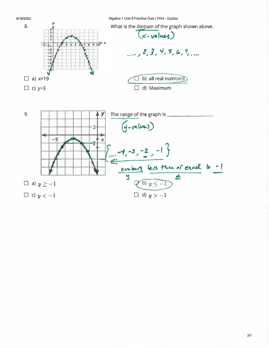 Algebra Practice Quiz Answers - Page 8