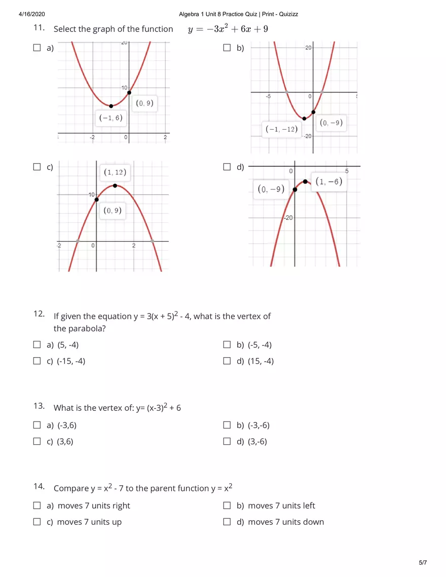 Algebra Practice Quiz Answers - Page 14
