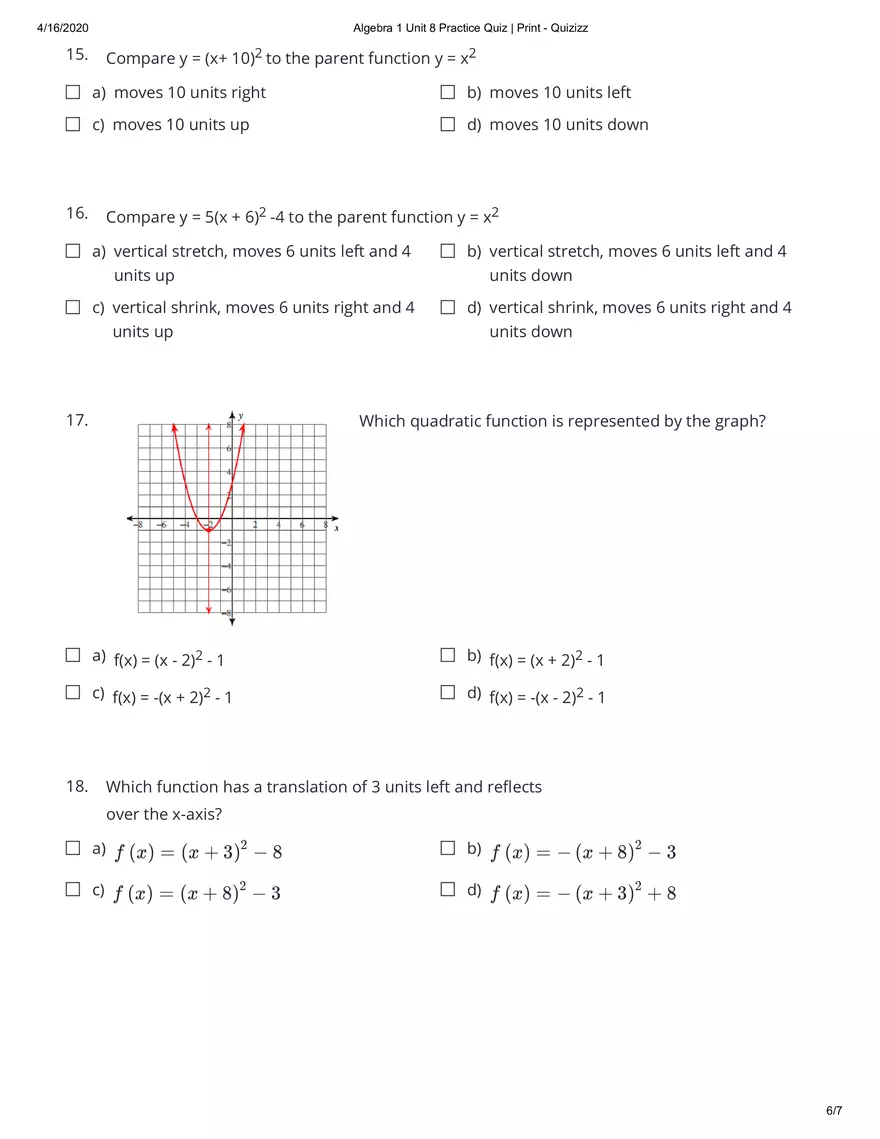 Algebra Practice Quiz Answers - Page 15