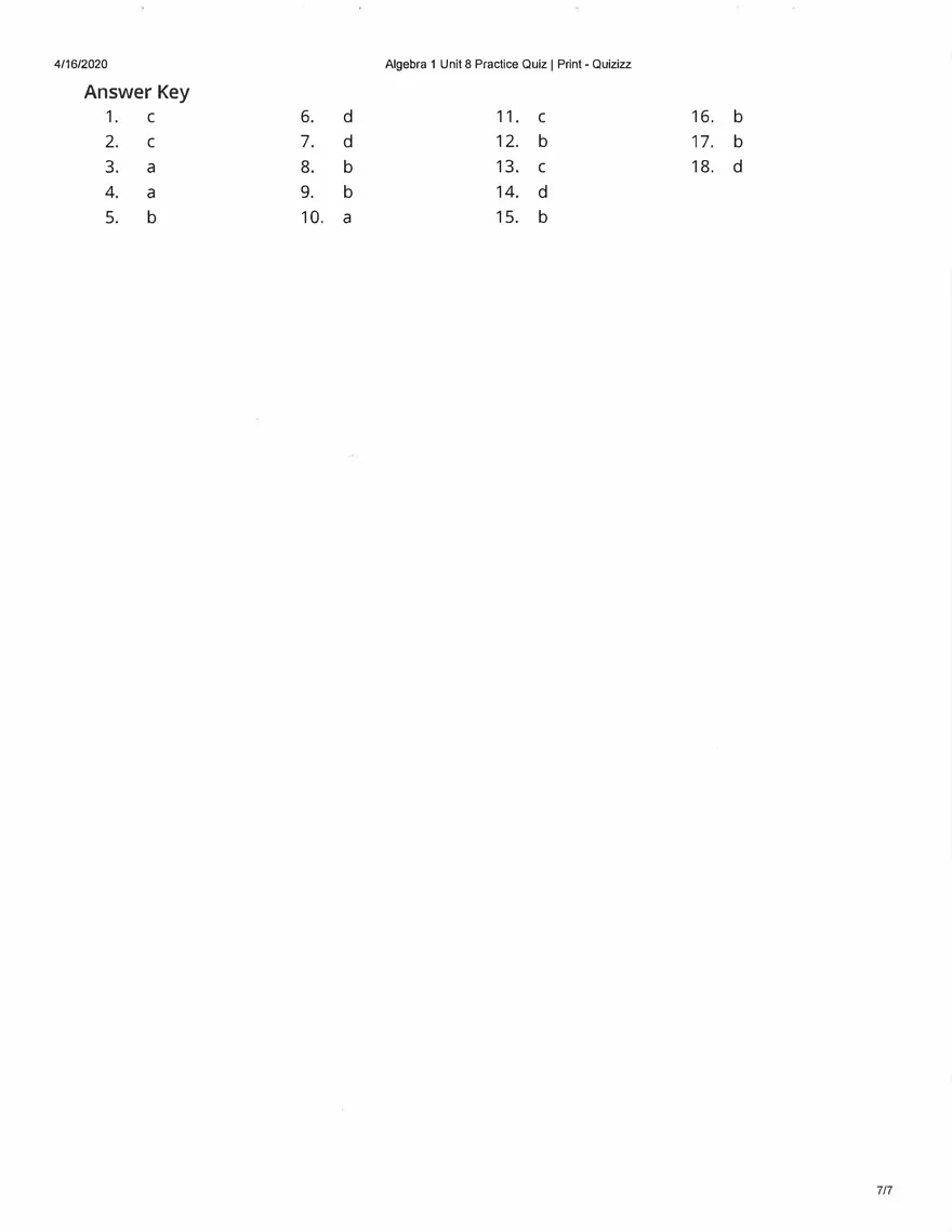 Algebra Practice Quiz Answers - Page 16