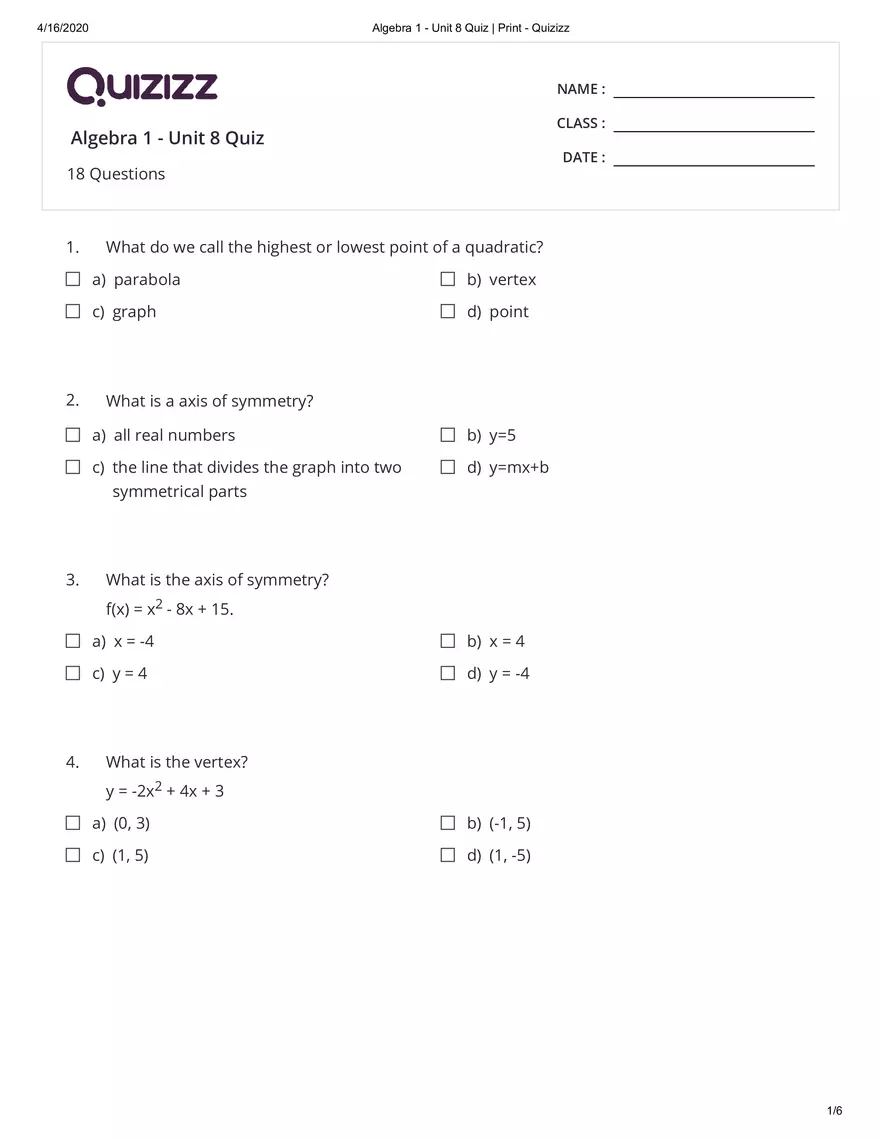 Algebra Practice Quiz Answers - Page 17