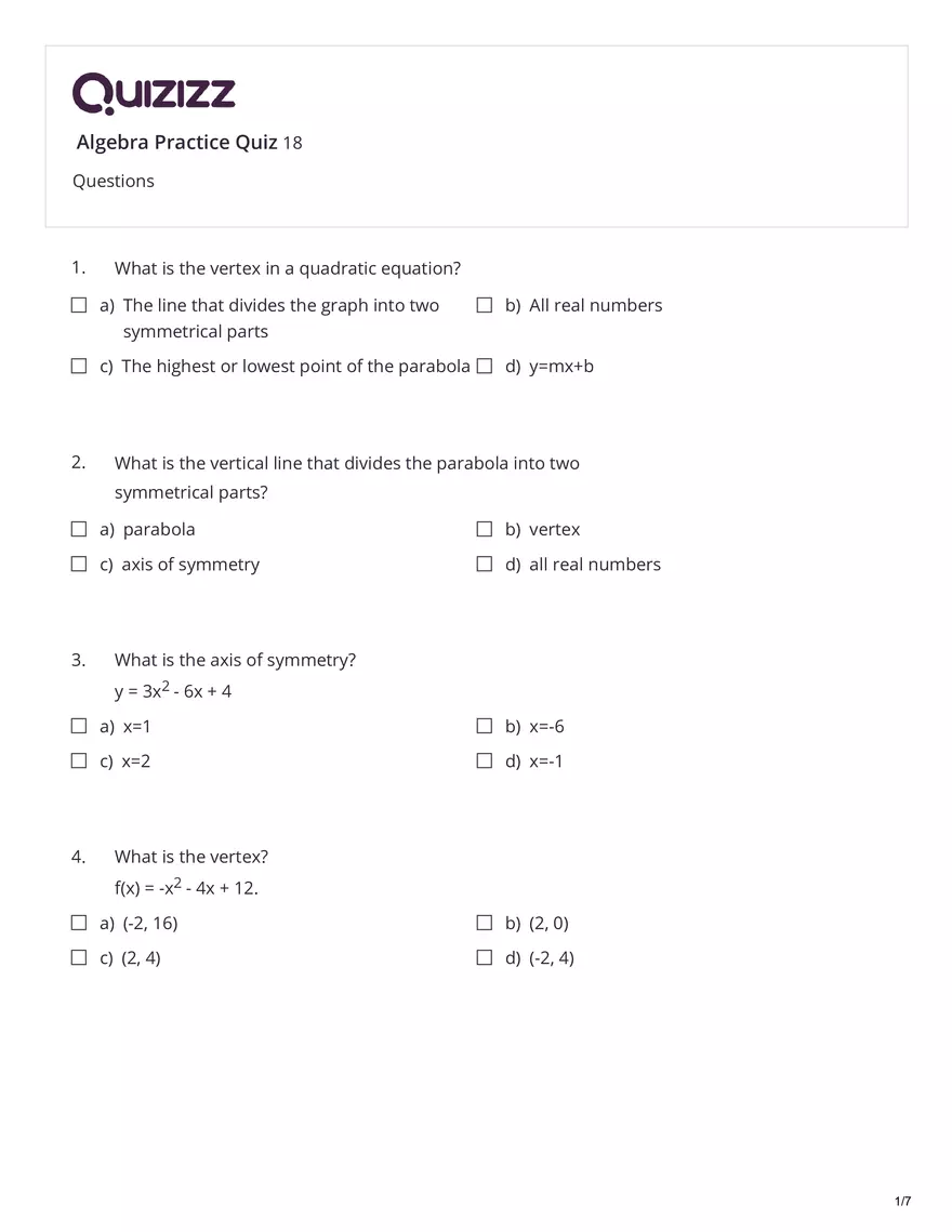 Algebra Practice Quiz Answers - Page 1