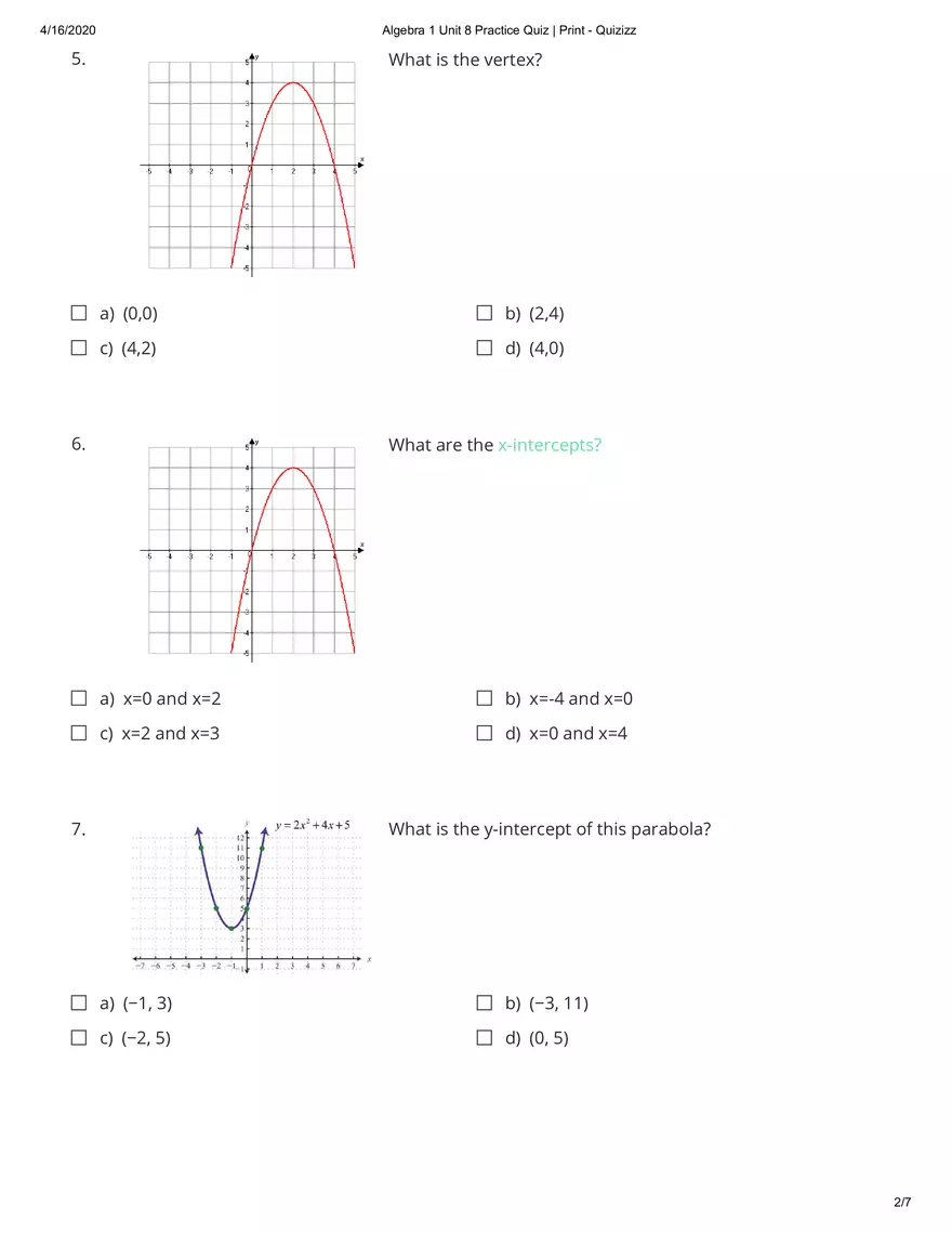 Algebra Practice Quiz Answers - Page 2