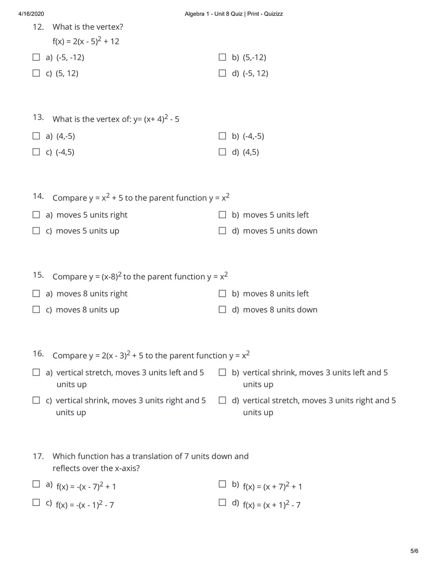 Algebra Practice Quiz Answers - Page 4