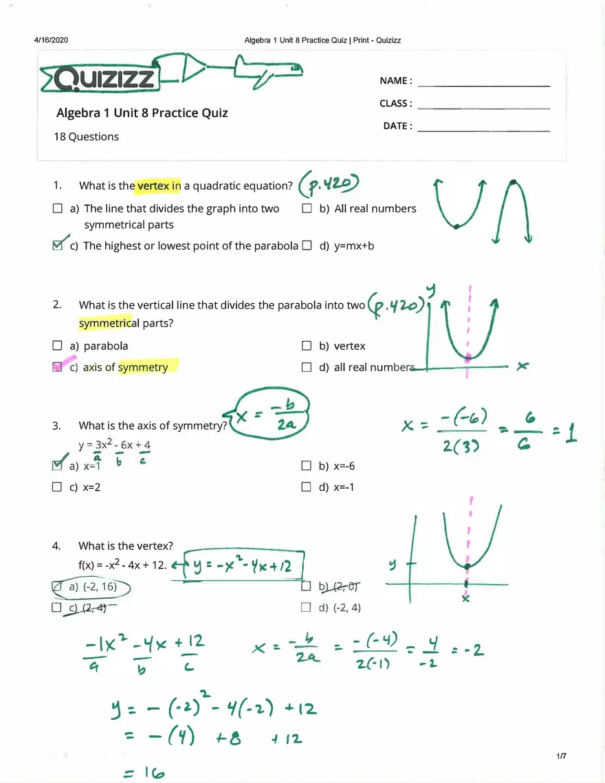 Algebra Practice Quiz Answers - Page 6