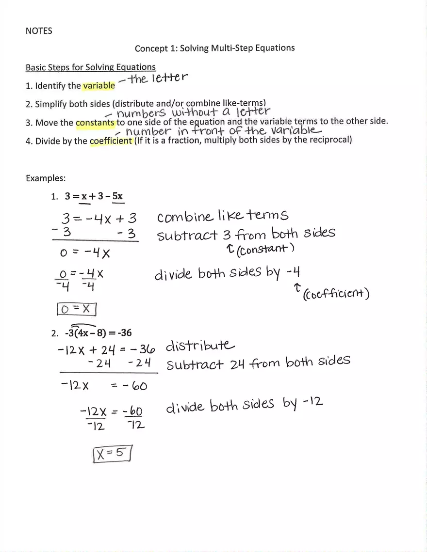 Solving Multi-Step Equations Answers - Page 1