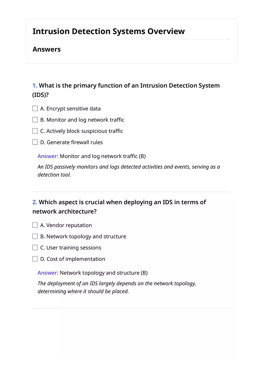 Quiz on Intrusion Detection Systems (IDS) - Page 1