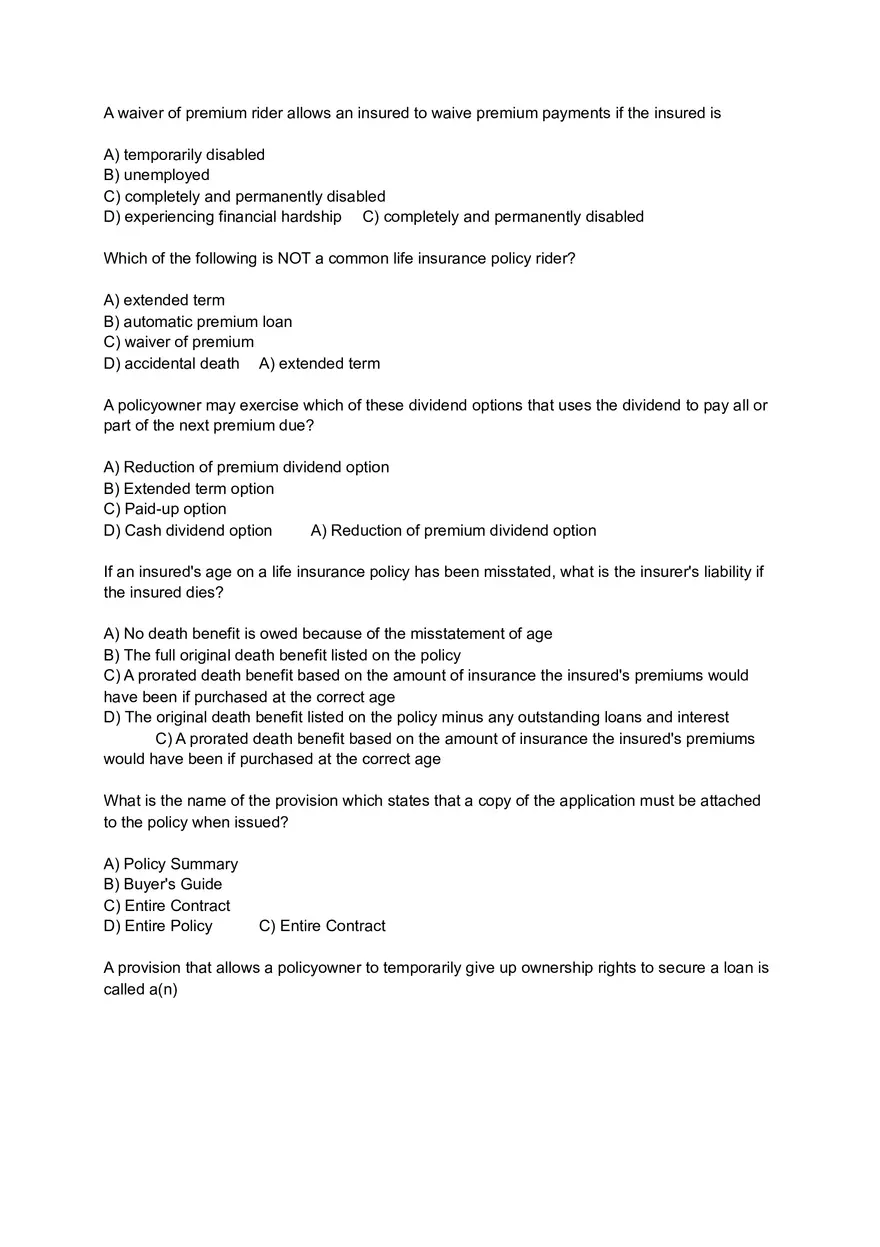 Policy Provisions, Options and Riders - Page 1