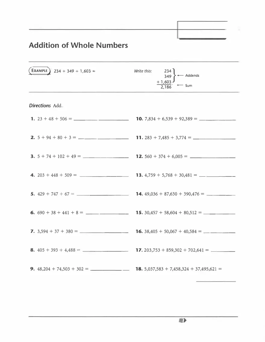 Addition of Whole Numbers in Mathematics - Page 1