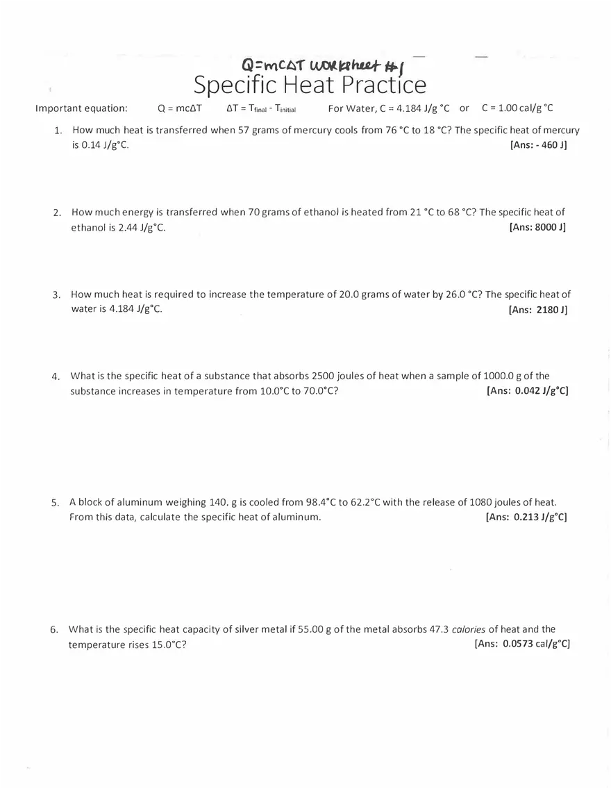 Specific Heat Practice of Physics - Page 1