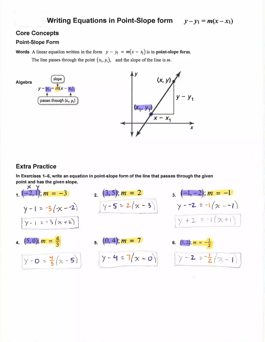 Writing Equations in Point-Slope form - Page 1