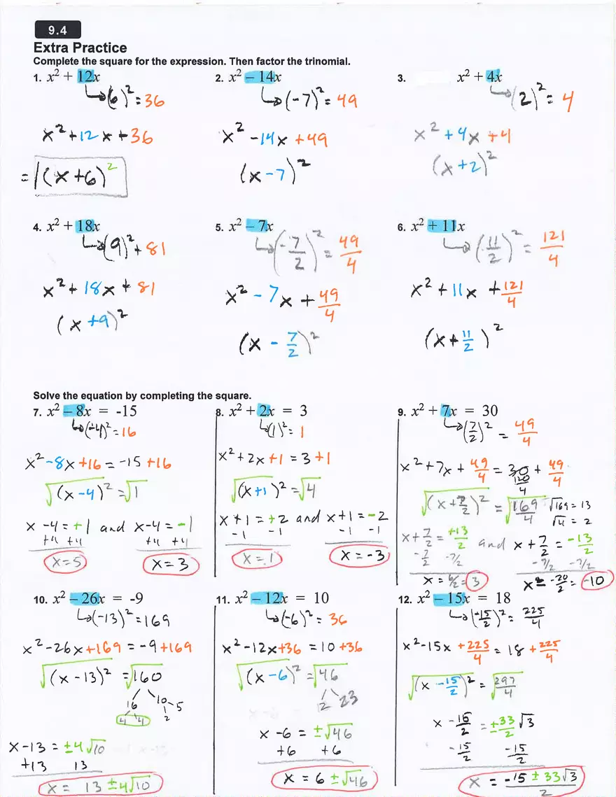 Solving Quadratic Equations Ьу Completing the Square - Page 2