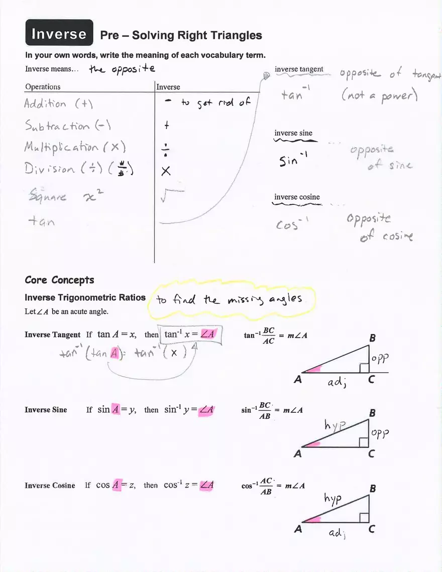 Pre Solving Right Triangles - Page 1