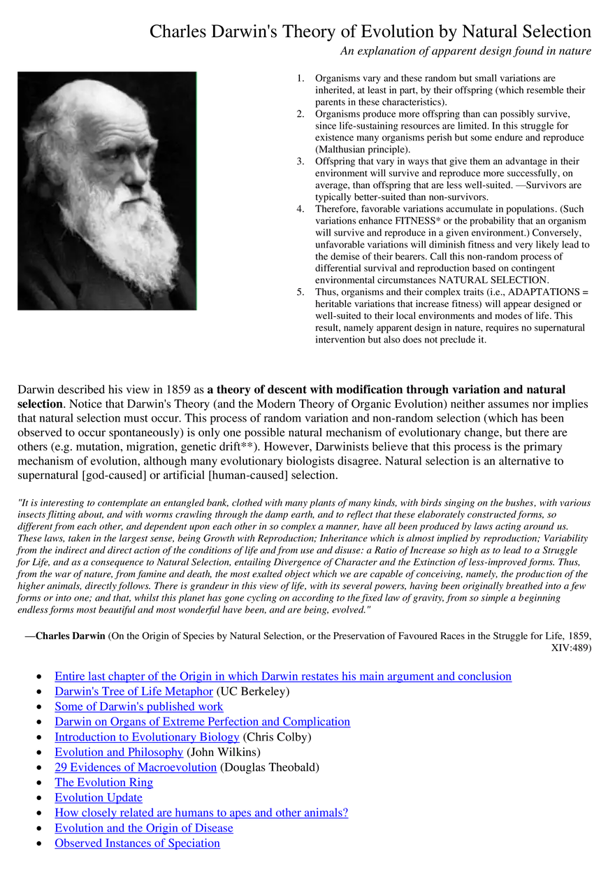 Charles Darwin's Theory of Evolution by Natural Selection: An Explanation of Apparent Design Found in Nature - Page 1
