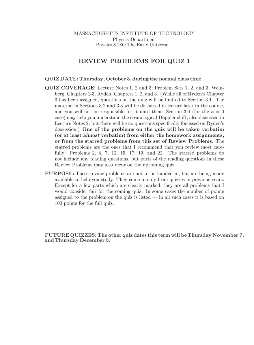 8.286 The Early Universe, Review Problems for Quiz I - Page 1