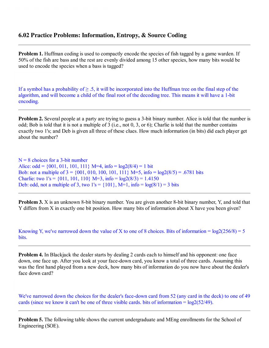 6.02 Practice Problems: Information, Entropy, & Source Coding (Solutions) - Page 1