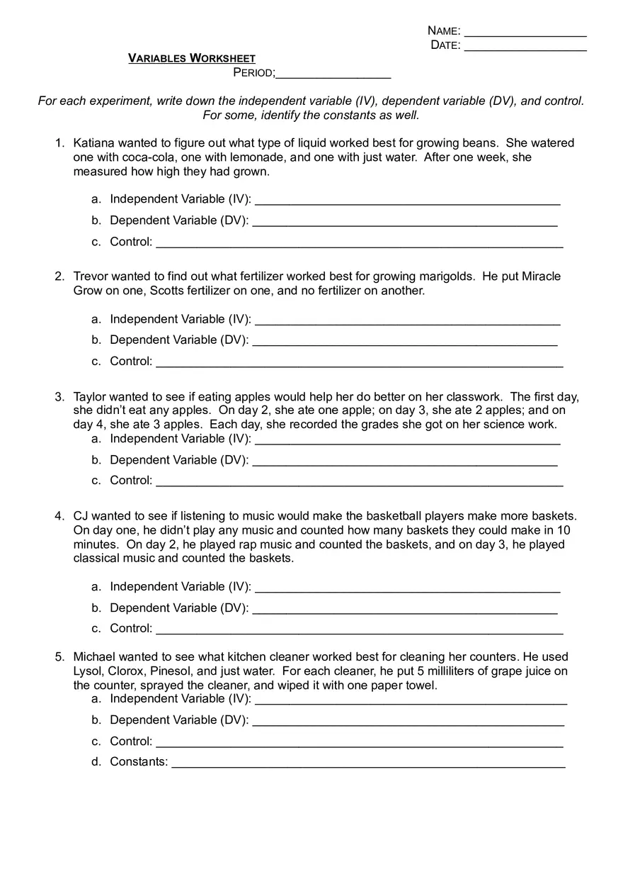 Dependent and Independent Variables Worksheet - Page 1