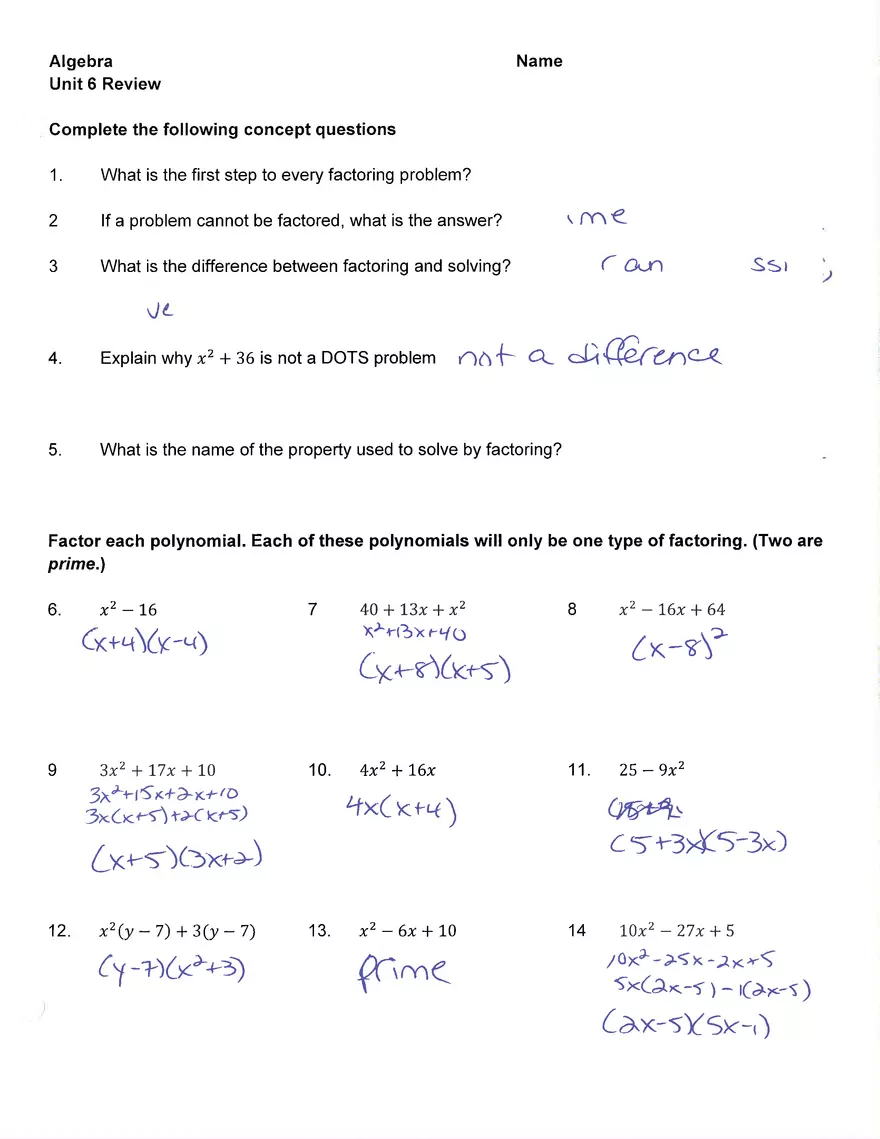 Algebra Unit 6 Review Answers - Page 1